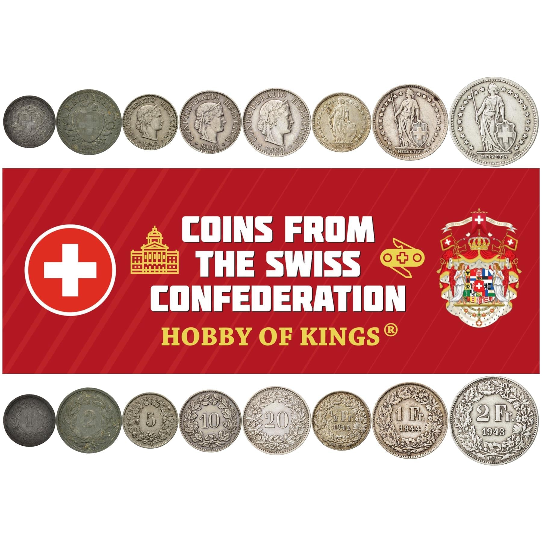 Swiss 8 Coin Set 1 2 5 10 20 Rappen 1/2 1 2 Francs | Libertas | Helvetia | Switzerland | 1939 - 1947