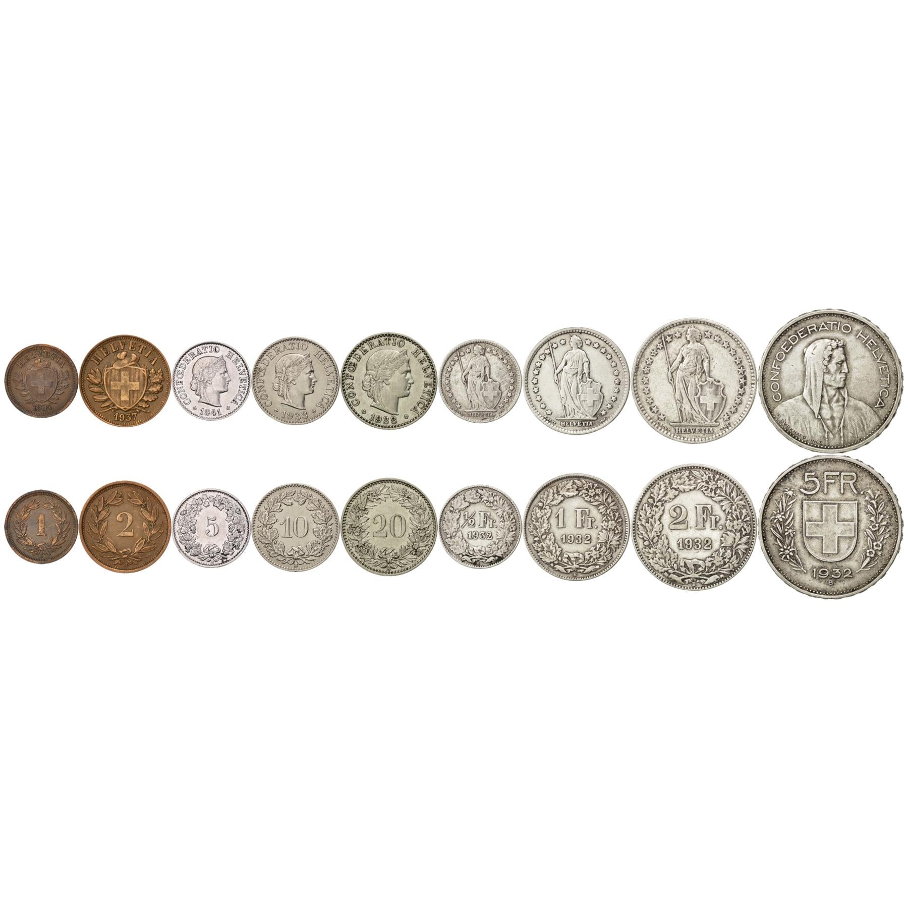 Swiss 9 Coin Set 1 2 5 10 20 Rappen 1/2 1 2 5 Francs | Paul Burkhard | Libertas | Helvetia | Switzerland | 1931 - 1941