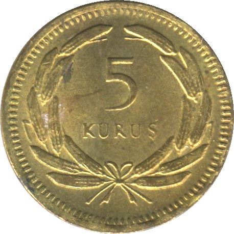 Turkey Coin Turkish 5 Kurus | Moon Star | Istanbul | KM887 | 1949 - 1957