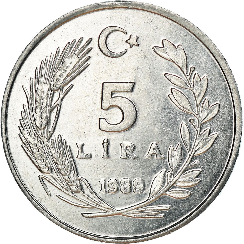 Turkey Coin Turkish 5 Lira | President Mustafa Kemal Ataturk | Moon Star | KM963 | 1984 - 1989