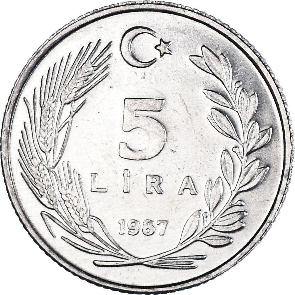 Turkey Coin Turkish 5 Lira | President Mustafa Kemal Ataturk | Moon Star | KM963 | 1984 - 1989