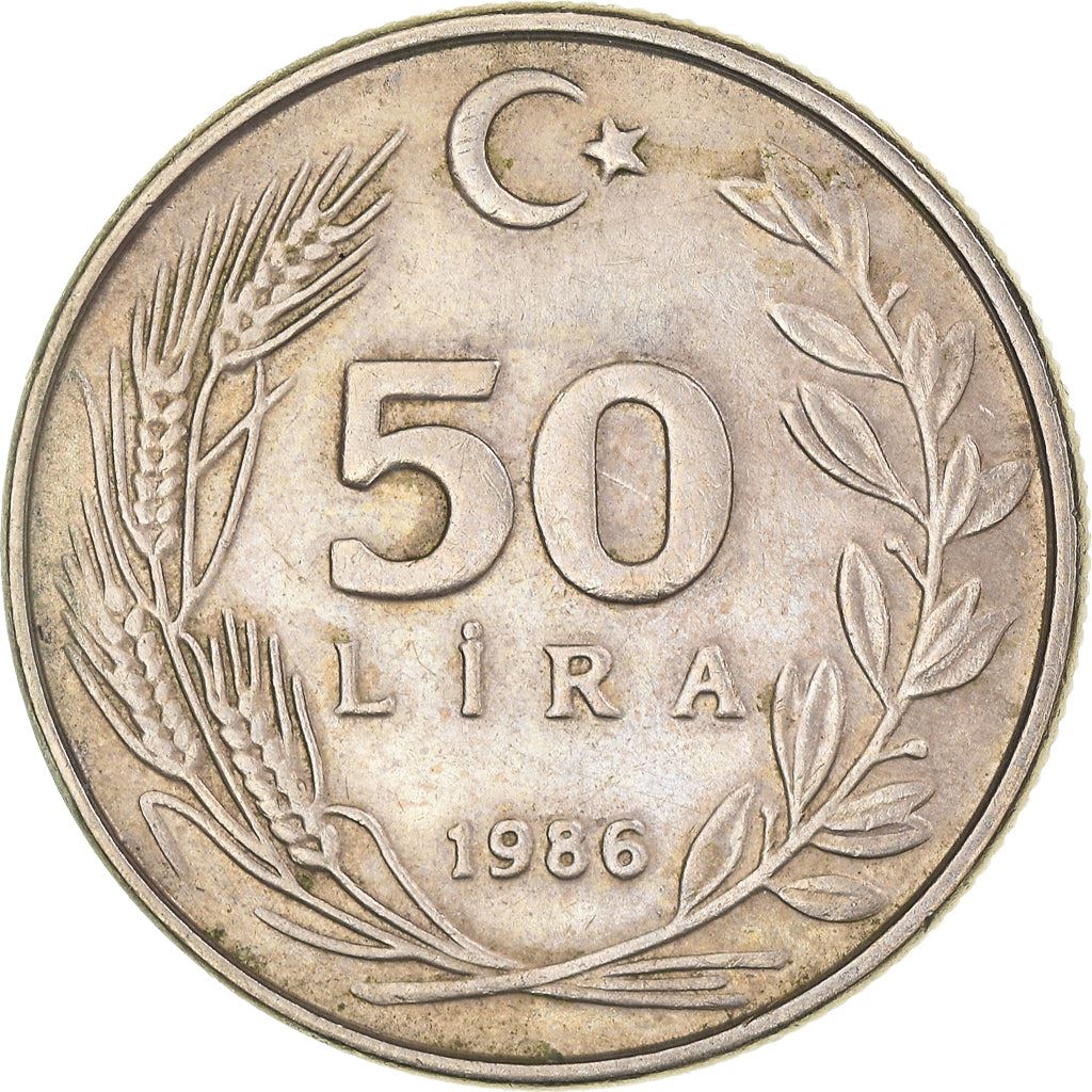 Turkey Coin Turkish 50 Lira | President Mustafa Kemal Ataturk | Moon Star | KM966 | 1984 - 1987