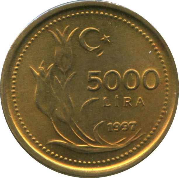 Turkey Coin Turkish 5000 Lira | President Mustafa Kemal Ataturk | Tulip | KM1029.2 | 2001