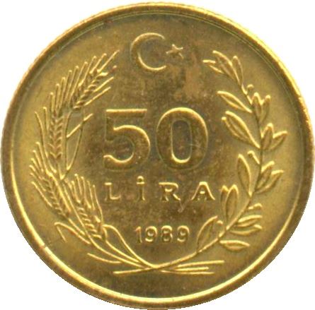 Turkey | Turkish 50 Lira Coin | President Mustafa Kemal Ataturk | Moon Star | KM987 | 1988 - 1994