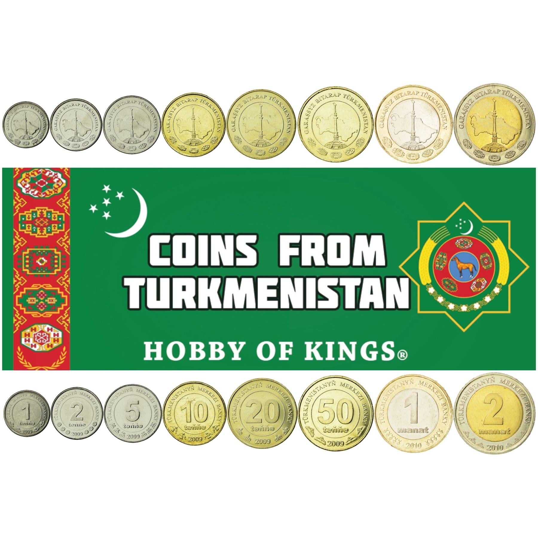 Turkmen 8 Coin Set 1 2 5 10 20 50 Teňňe 1 2 Manat | Independence Monument | Turkmenistan | 2009 - 2010