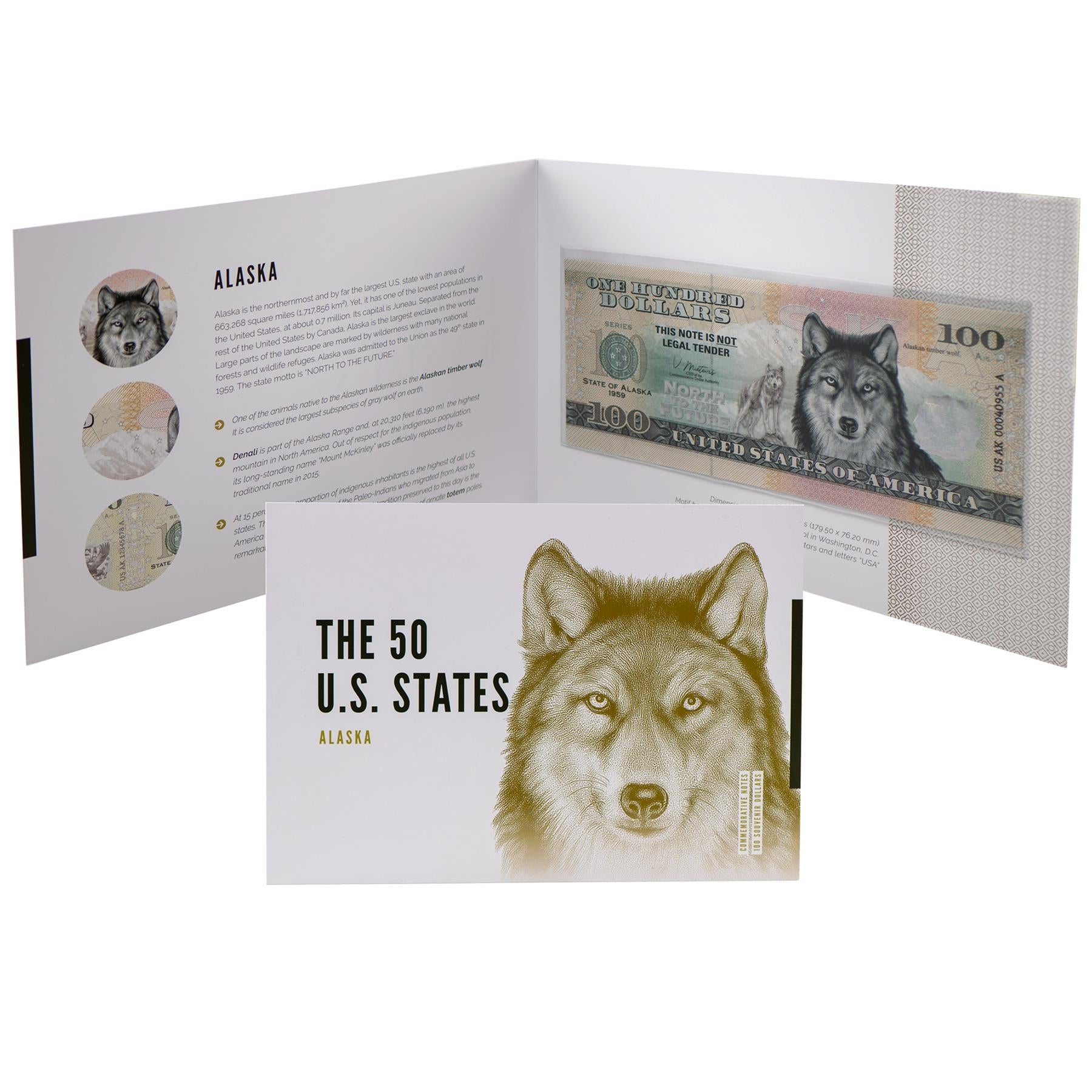 USA 100 Dollar Note | Alaska Commemorative Souvenir | Alaskan Timber Wolf | Denali | Totem Pole | The 50 U.S. States Edition