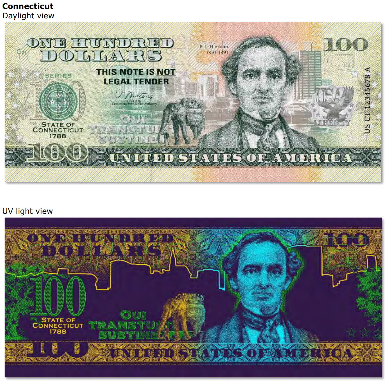 USA 100 Dollar Note | Connecticut Commemorative Souvenir | P.T. Barnum Portrait | Jumbo Drawing | The 50 U.S. States Edition