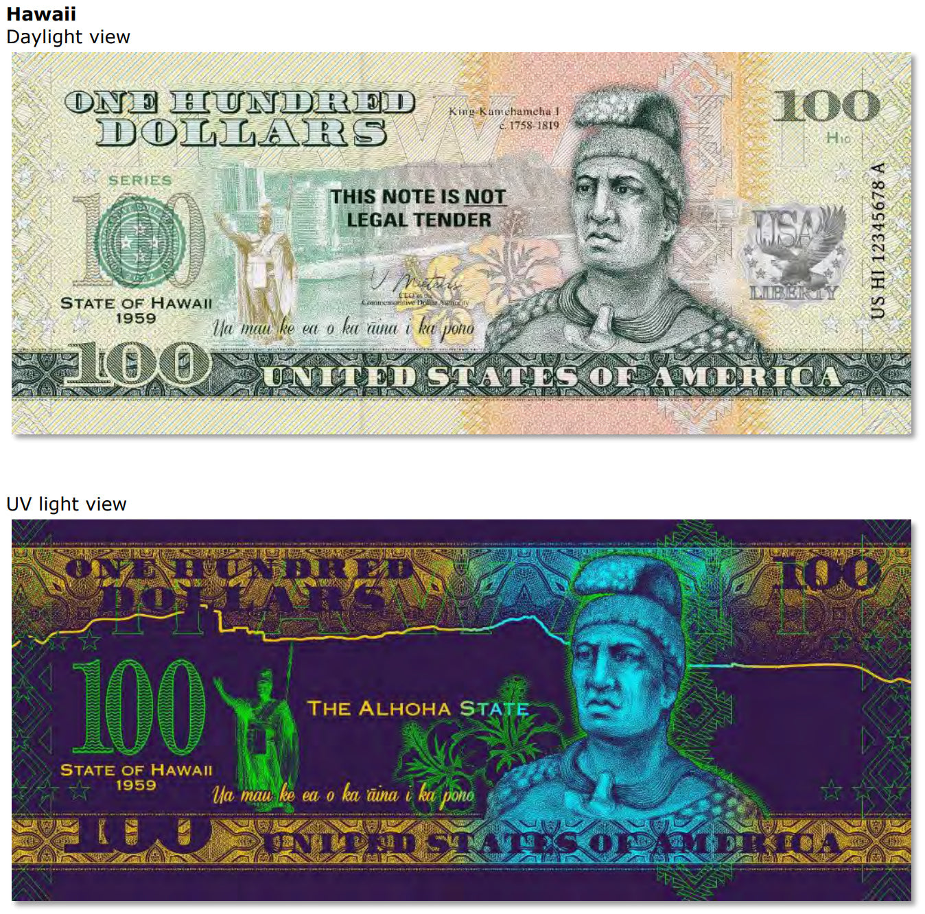 USA 100 Dollar Note | Hawaii Commemorative Souvenir | Kamehameha I Portrait | Waik��k�� Beach | The 50 U.S. States Edition