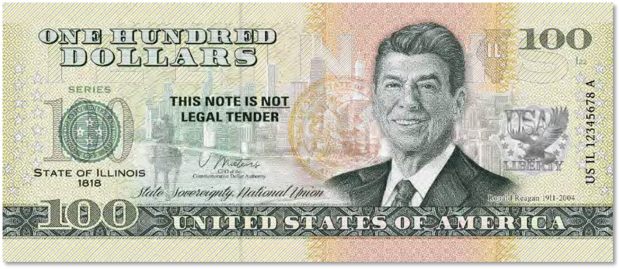 USA 100 Dollar Note | Illinois Commemorative Souvenir | Ronald Reagan Portrait | Chicago Skyline | The 50 U.S. States Edition