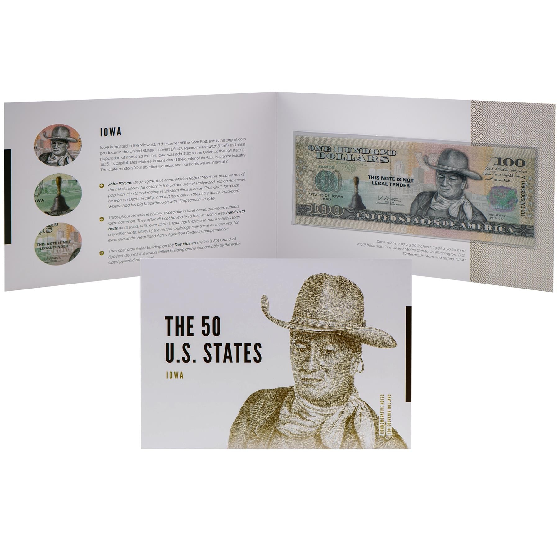 USA 100 Dollar Note | Iowa Commemorative Souvenir | John Wayne | One-Room School Bell | The 50 U.S. States Edition