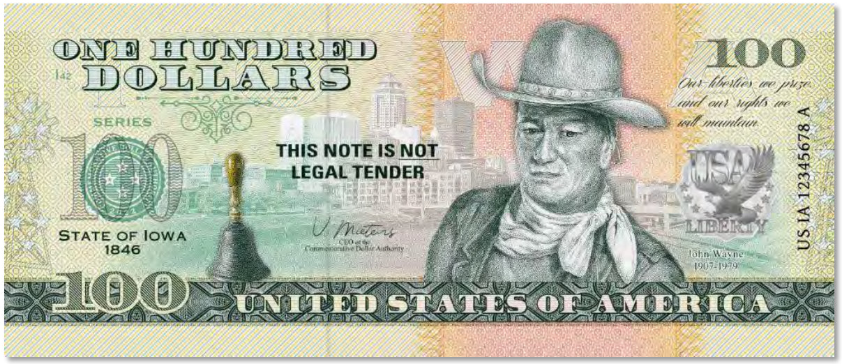 USA 100 Dollar Note | Iowa Commemorative Souvenir | John Wayne | One-Room School Bell | The 50 U.S. States Edition