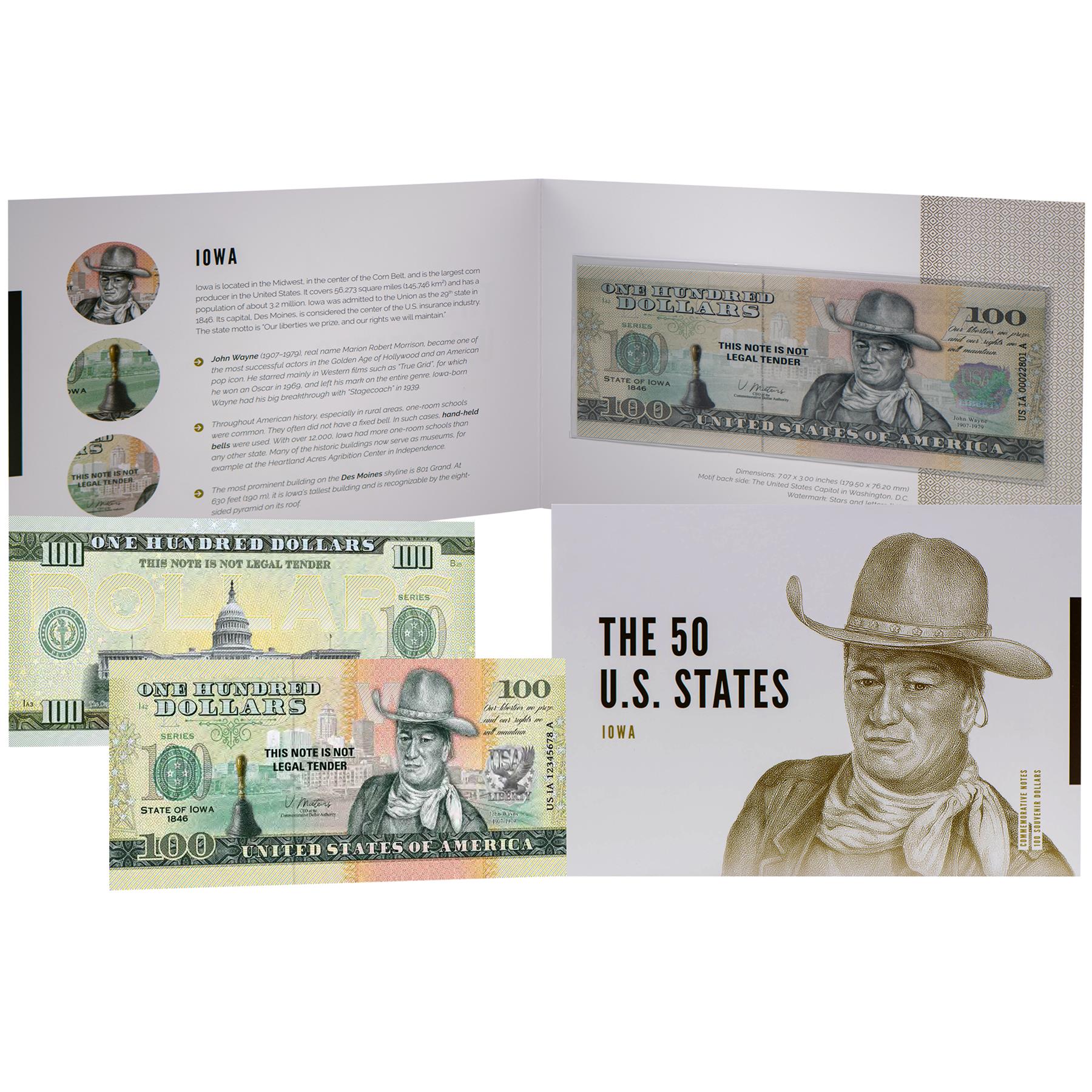 USA 100 Dollar Note | Iowa Commemorative Souvenir | John Wayne | One-Room School Bell | The 50 U.S. States Edition