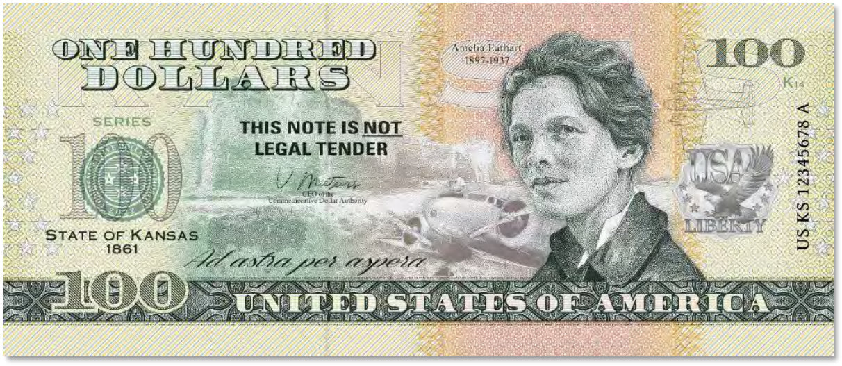 USA 100 Dollar Note | Kansas Commemorative Souvenir | Amelia Earhart | Monument Rocks | Bison | The 50 U.S. States Edition