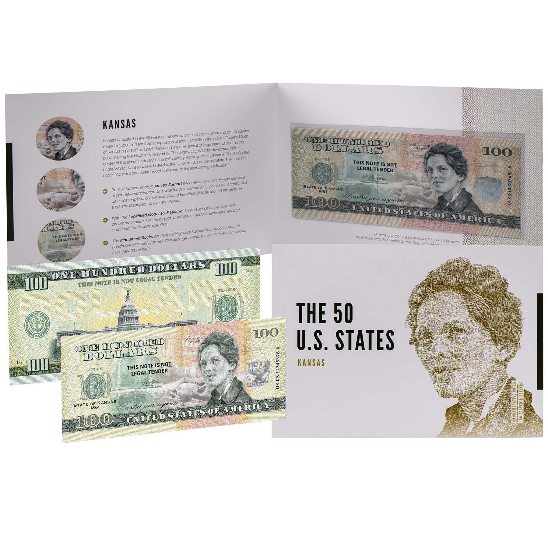 USA 100 Dollar Note | Kansas Commemorative Souvenir | Amelia Earhart | Monument Rocks | Bison | The 50 U.S. States Edition