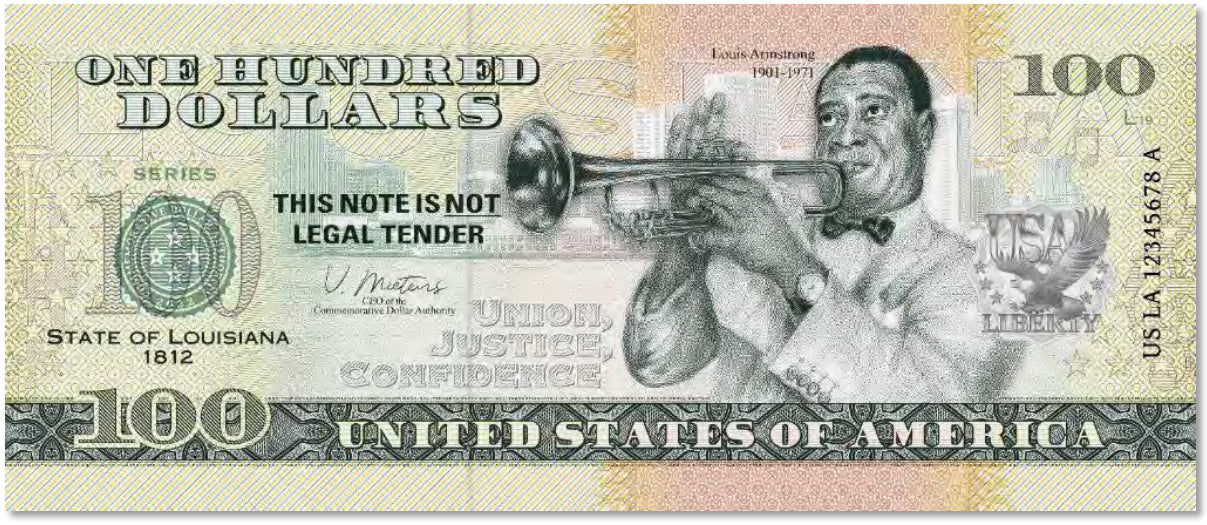 USA 100 Dollar Note | Louisiana Commemorative Souvenir | Louis Armstrong Portrait | New Orleans Skyline | Jazz Trumpet | The 50 U.S. States Edition