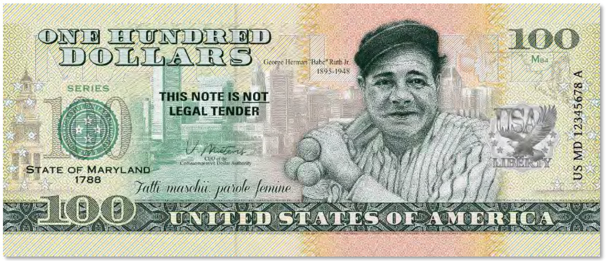 USA 100 Dollar Note | Maryland Commemorative Souvenir | Babe Ruth Jr. | Baltimore Skyline | Johns Hopkins University | White Oak | The 50 U.S. States Edition