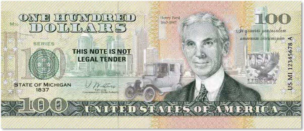 USA 100 Dollar Note | Michigan Commemorative Souvenir | Henry Ford | Detroit Skyline | Ford Model T | Mackinac Bridge | The 50 U.S. States Edition