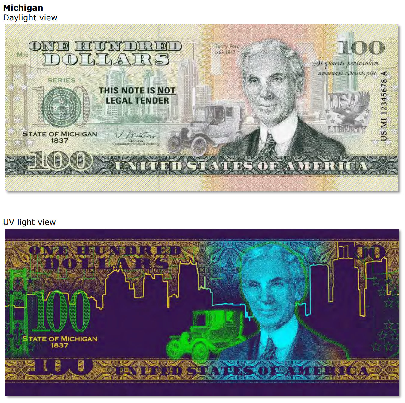 USA 100 Dollar Note | Michigan Commemorative Souvenir | Henry Ford | Detroit Skyline | Ford Model T | Mackinac Bridge | The 50 U.S. States Edition