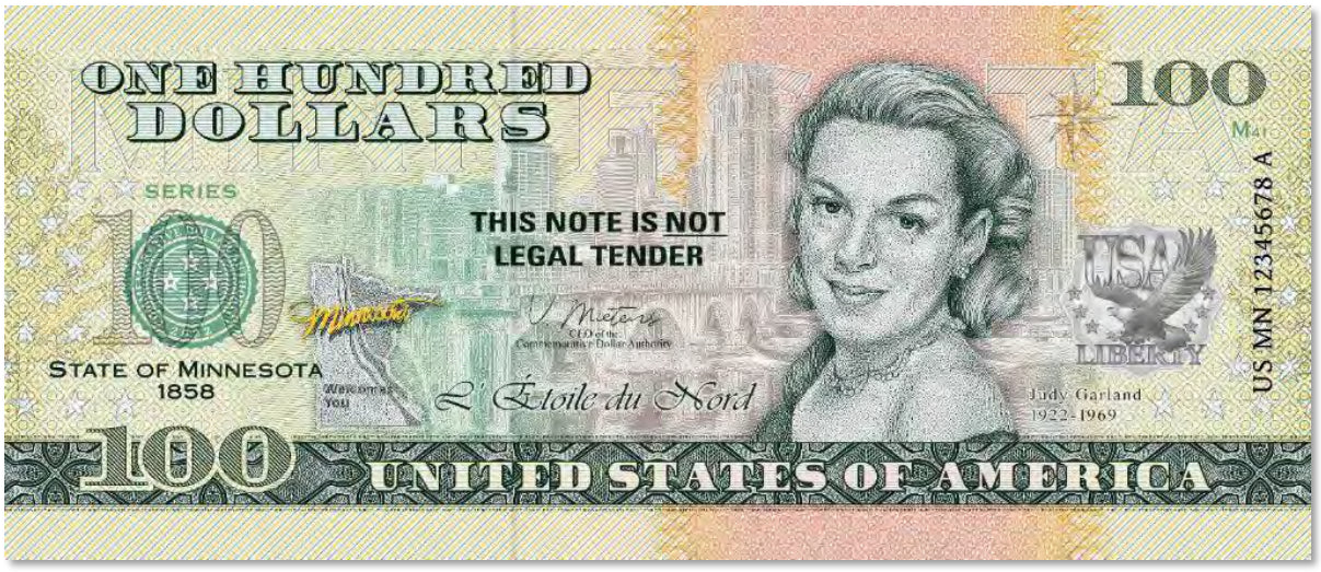 USA 100 Dollar Note | Minnesota Commemorative Souvenir | Judy Garland | Minneapolis Skyline | Third Avenue Bridge | Norway Pine | The 50 U.S. States Edition