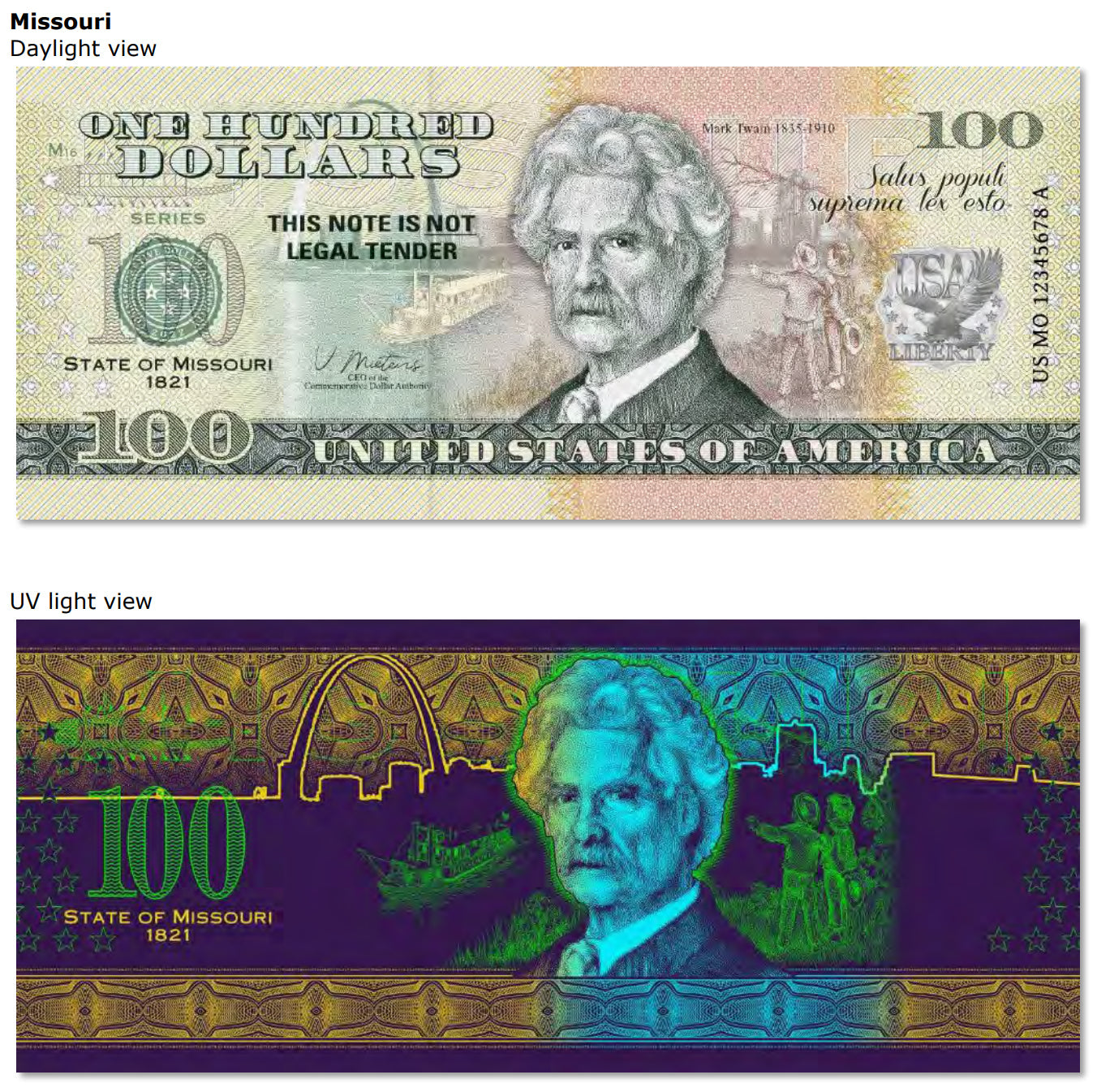 USA 100 Dollar Note | Missouri Commemorative Souvenir | Mark Twain | Gateway Arch | Mississippi River | The 50 U.S. States Edition