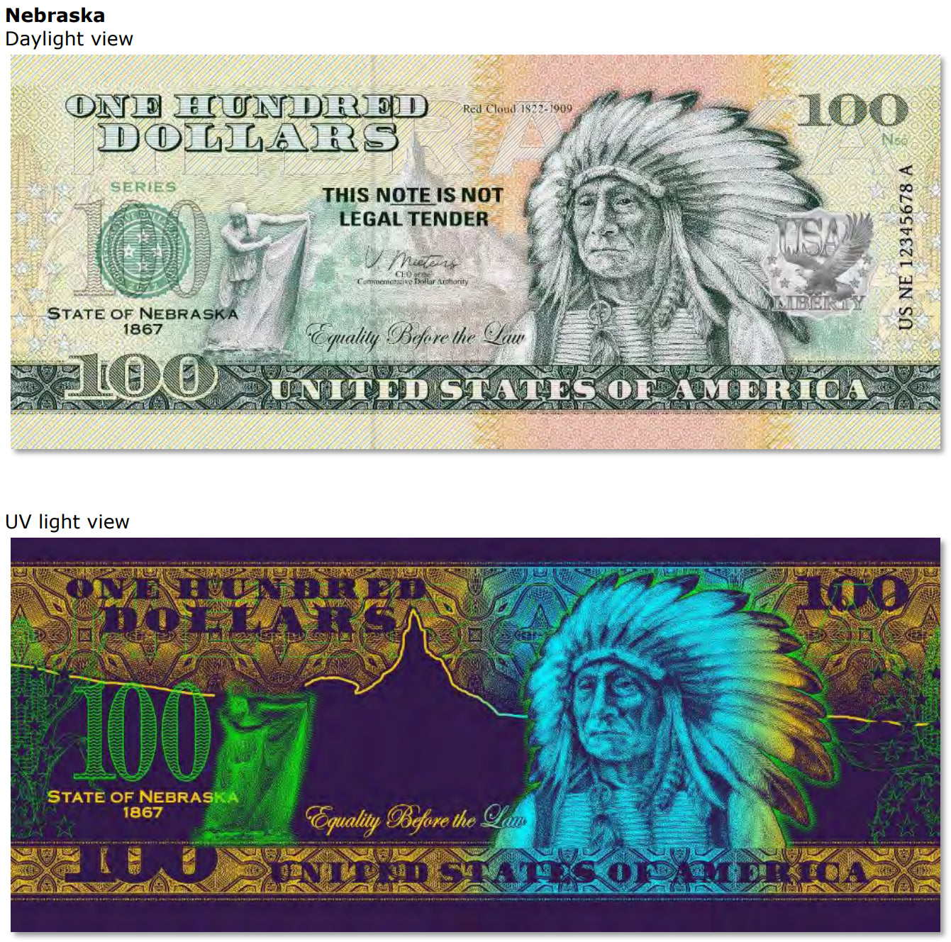 USA 100 Dollar Note | Nebraska Commemorative Souvenir | Chief Red Cloud | Smoke Signal Statue | Chimney Rock | The 50 U.S. States Edition