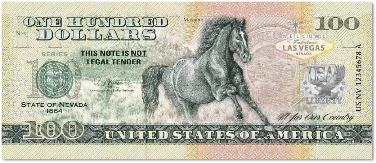 USA 100 Dollar Note | Nevada Commemorative Souvenir | Mustang | Red Rock Canyon | Las Vegas Sign | The 50 U.S. States Edition