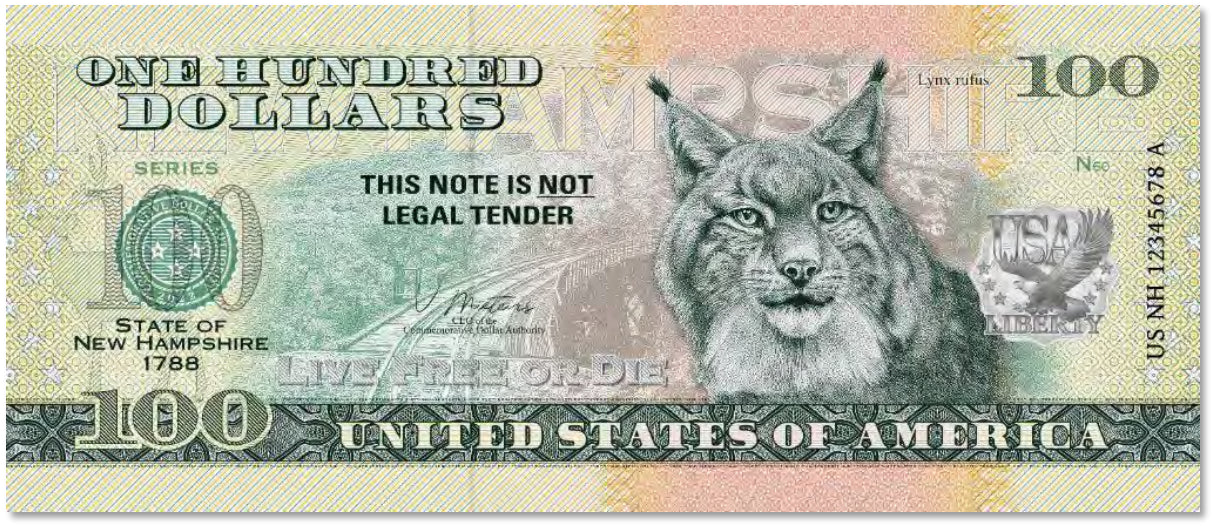 USA 100 Dollar Note | New Hampshire Commemorative Souvenir | Bobcat | Conway Scenic Railroad | White-Tailed Deer | The 50 U.S. States Edition