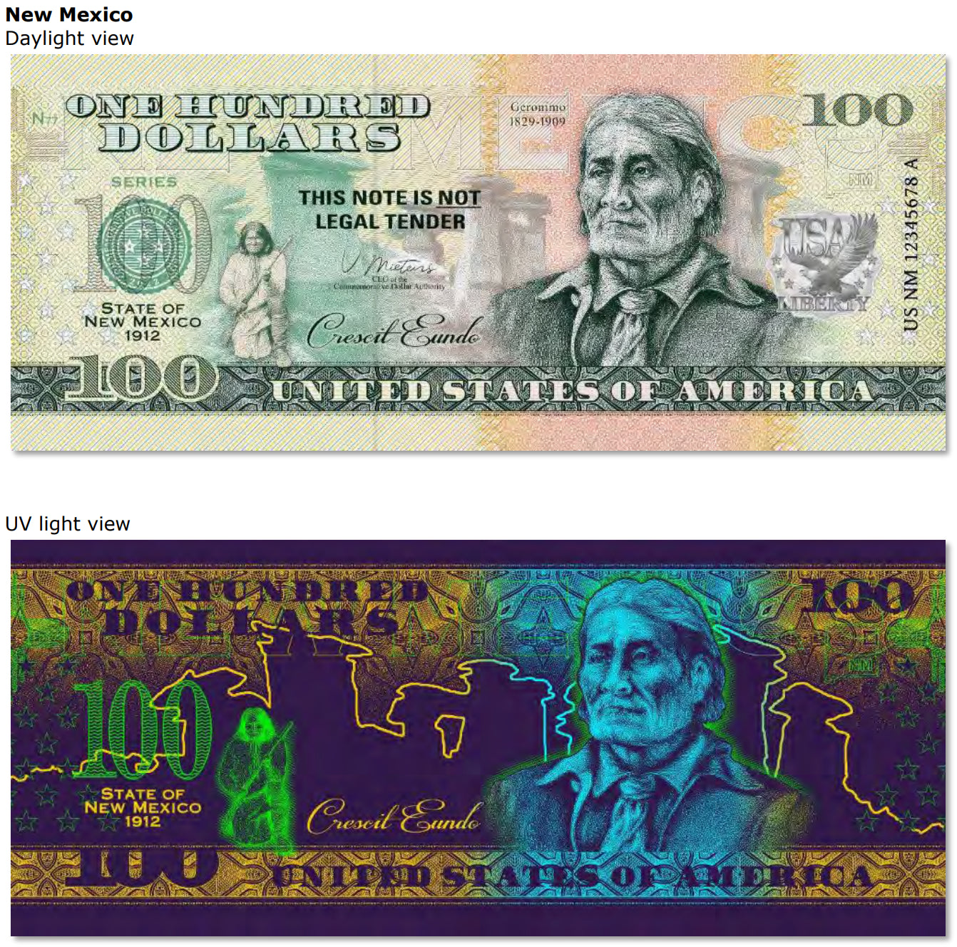 USA 100 Dollar Note | New Mexico Commemorative Souvenir | Geronimo | Ah-Shi-Sle-Pah Wilderness | Zia Pueblo Sun Symbol | The 50 U.S. States Edition