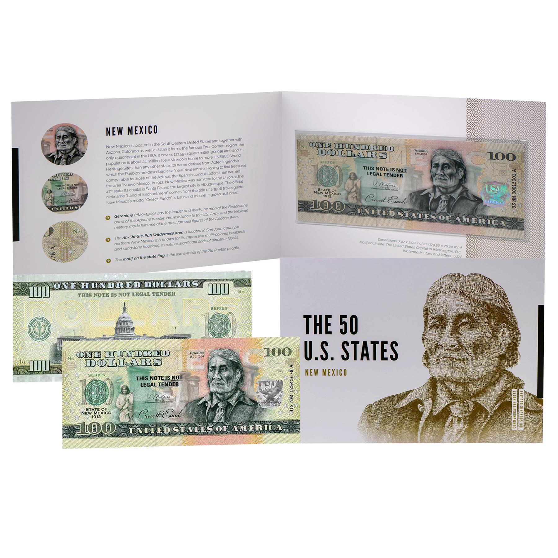 USA 100 Dollar Note | New Mexico Commemorative Souvenir | Geronimo | Ah-Shi-Sle-Pah Wilderness | Zia Pueblo Sun Symbol | The 50 U.S. States Edition