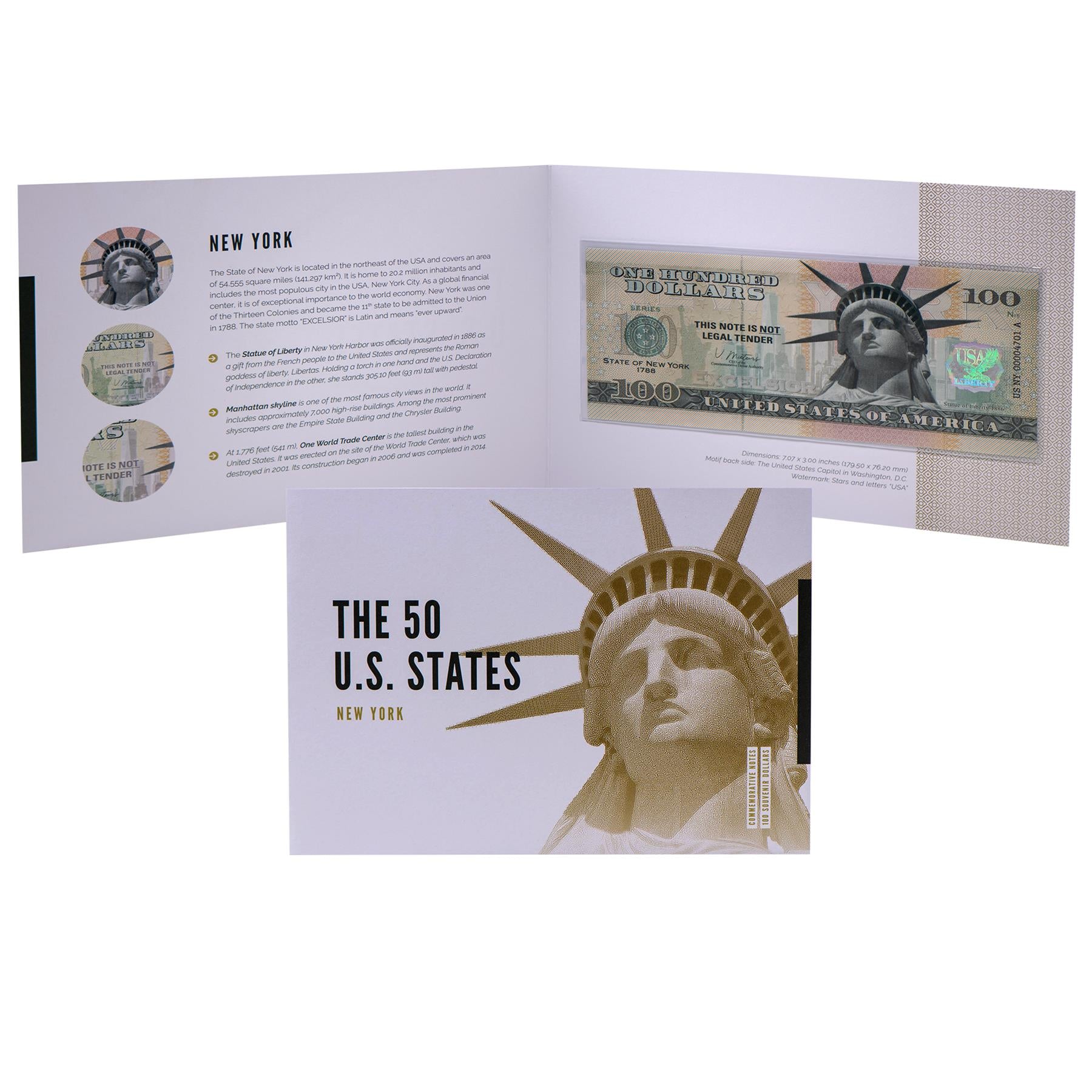 USA 100 Dollar Note | New York Commemorative Souvenir | Statue of Liberty | Manhattan Skyline | One World Trade Center | The 50 U.S. States Edition