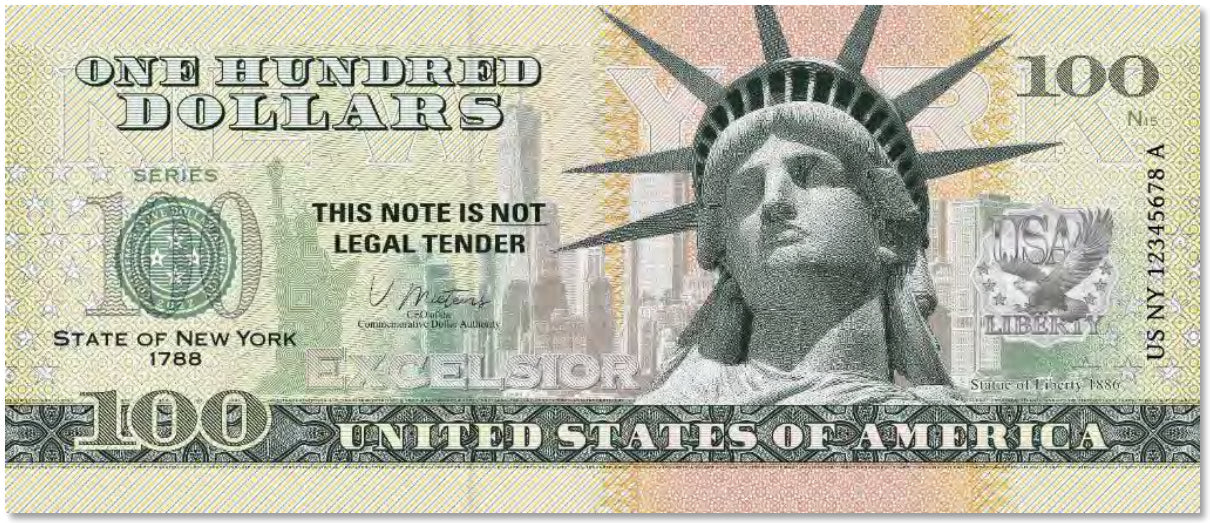 USA 100 Dollar Note | New York Commemorative Souvenir | Statue of Liberty | Manhattan Skyline | One World Trade Center | The 50 U.S. States Edition