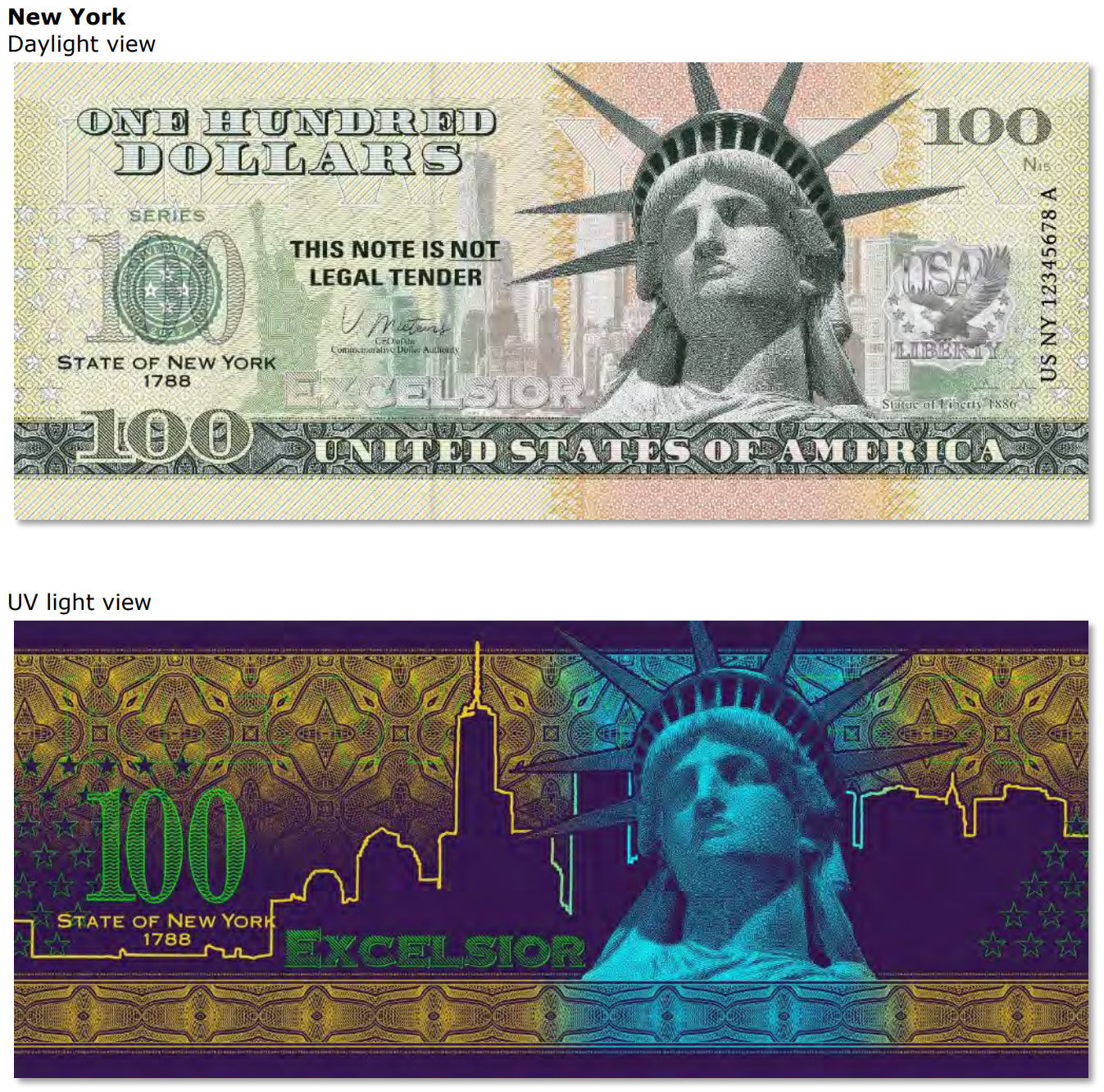 USA 100 Dollar Note | New York Commemorative Souvenir | Statue of Liberty | Manhattan Skyline | One World Trade Center | The 50 U.S. States Edition