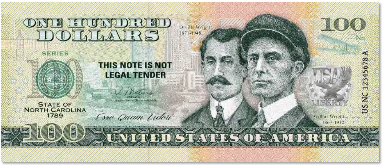 USA 100 Dollar Note | North Carolina Commemorative Souvenir | Wright Brothers | Raleigh Skyline | Kill Devil Hills | The 50 U.S. States Edition