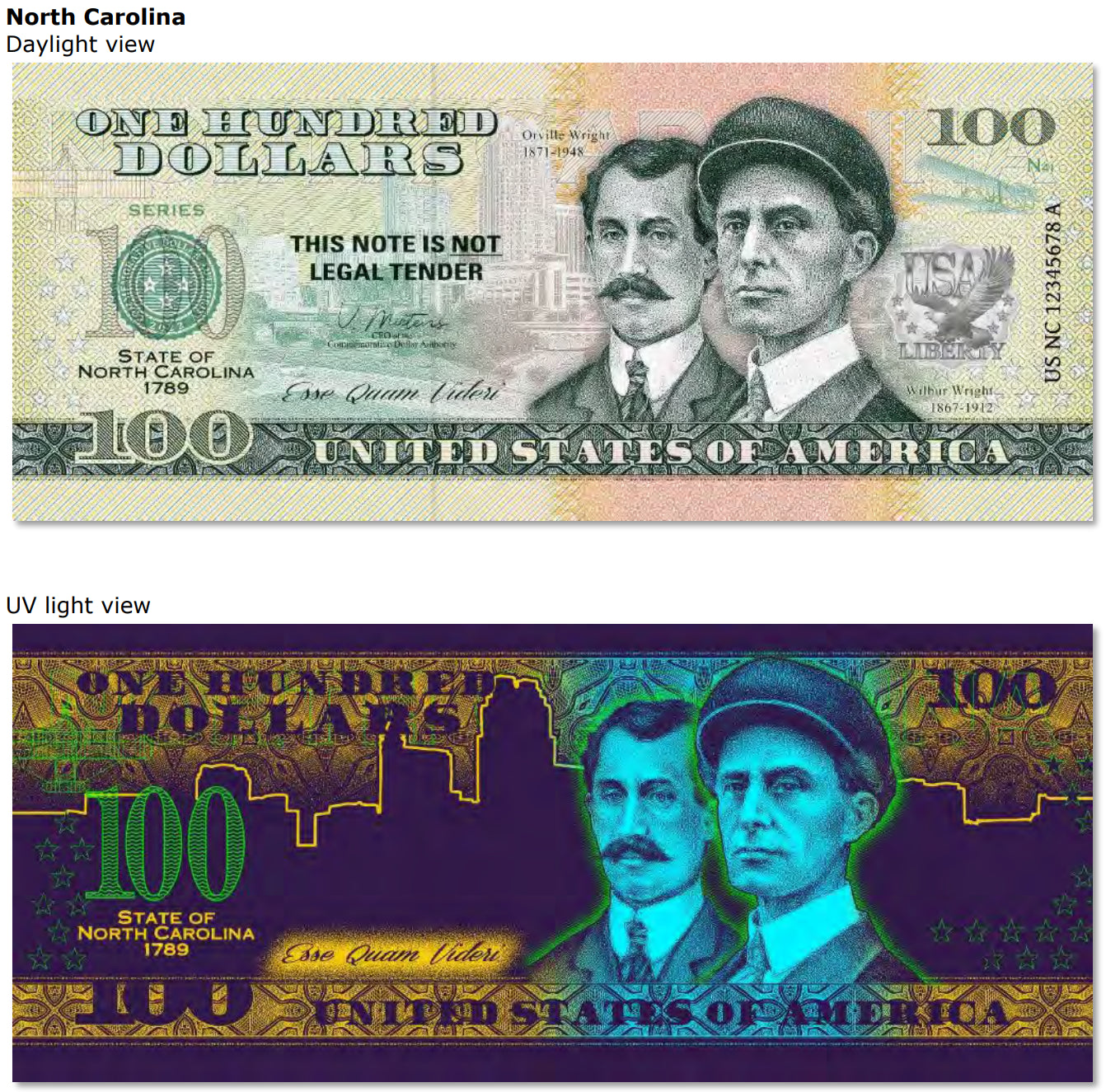 USA 100 Dollar Note | North Carolina Commemorative Souvenir | Wright Brothers | Raleigh Skyline | Kill Devil Hills | The 50 U.S. States Edition