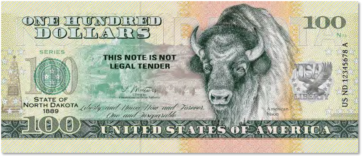 USA 100 Dollar Note | North Dakota Commemorative Souvenir | American Bison | Theodore Roosevelt National Park | Rugby Geographical Center | The 50 U.S. States Edition