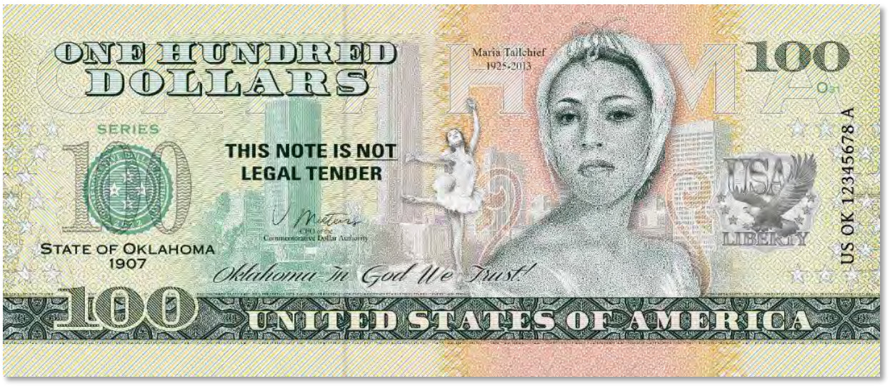 USA 100 Dollar Note | Oklahoma Commemorative Souvenir | Maria Tallchief | Golden Driller Statue | Oklahoma City Skyline | The 50 U.S. States Edition