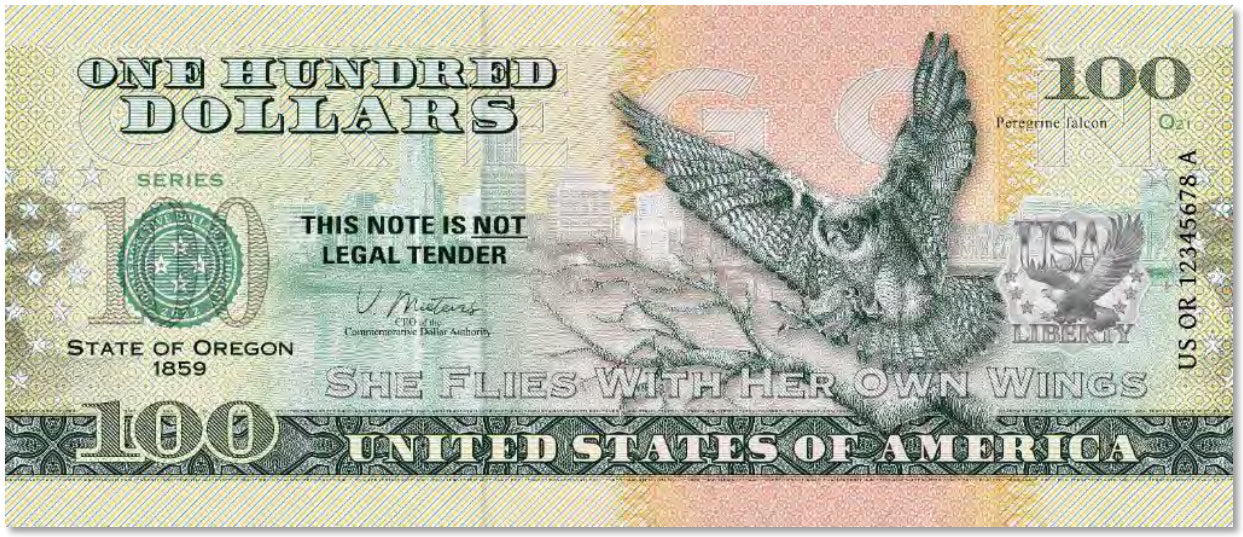 USA 100 Dollar Note | Oregon Commemorative Souvenir | Peregrine Falcon | Duckbill Formation | The 50 U.S. States Edition