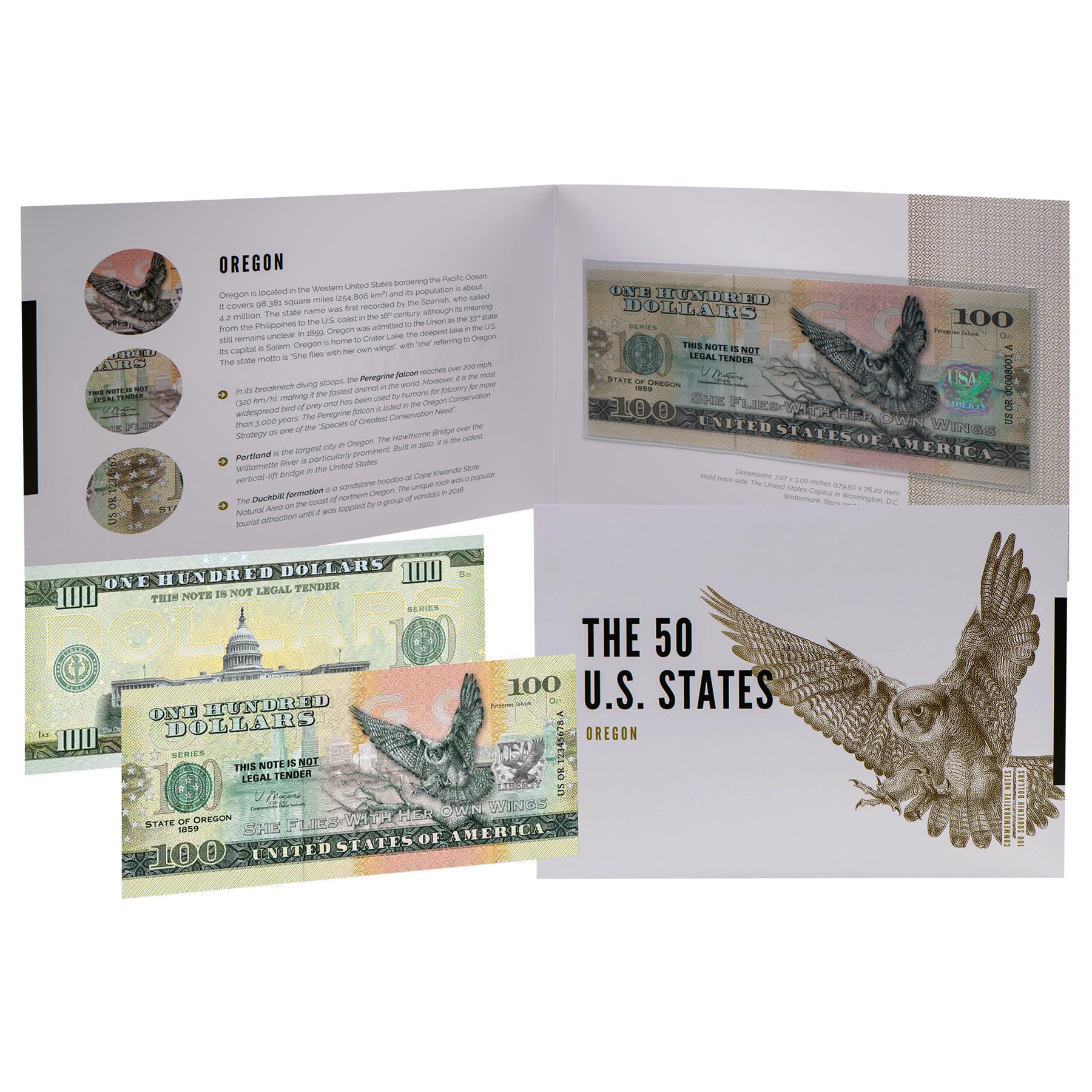 USA 100 Dollar Note | Oregon Commemorative Souvenir | Peregrine Falcon | Duckbill Formation | The 50 U.S. States Edition