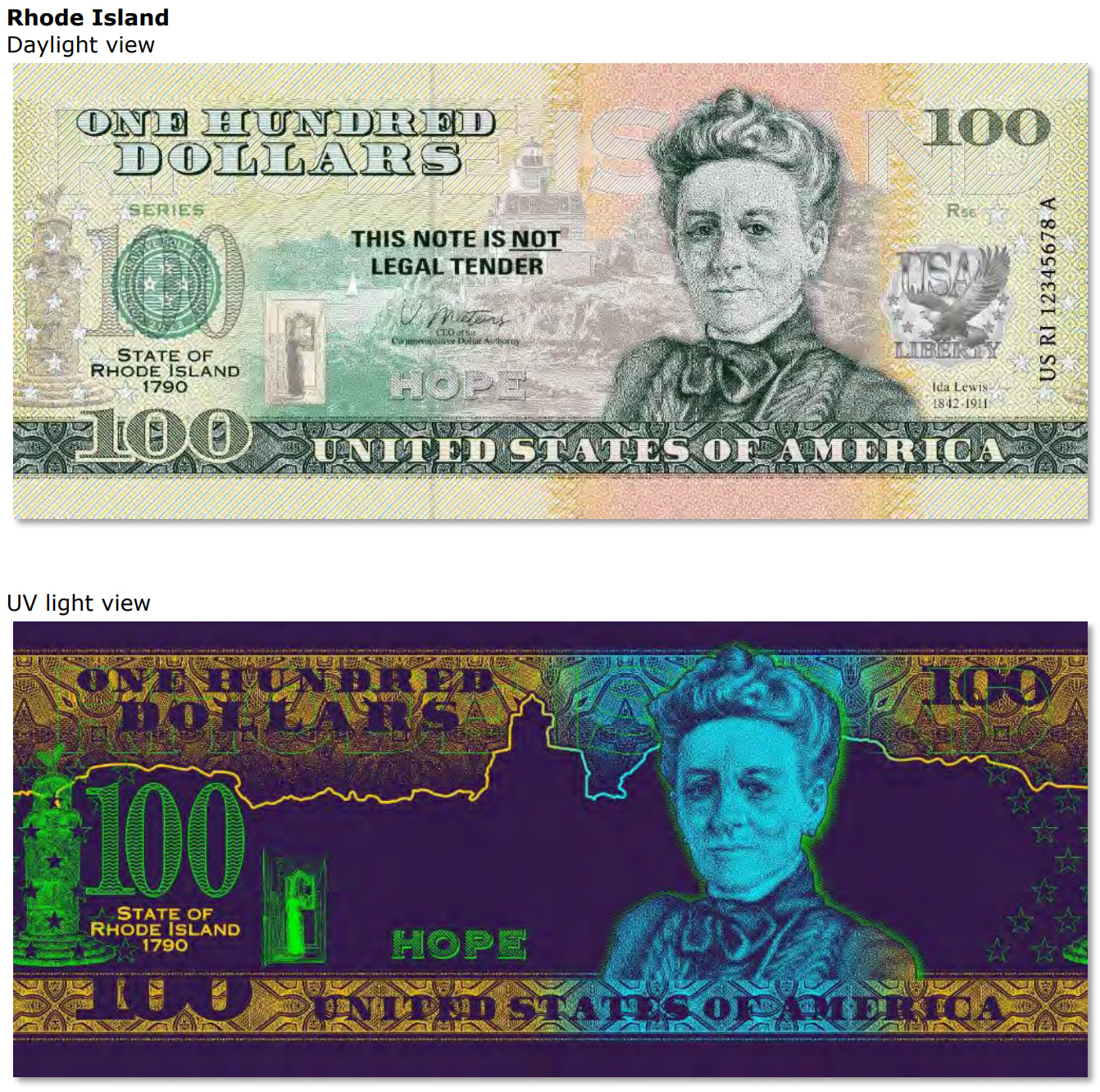 USA 100 Dollar Note | Rhode Island Commemorative Souvenir | Ida Lewis | Pomham Rocks Light | World War I Memorial | The 50 U.S. States Edition