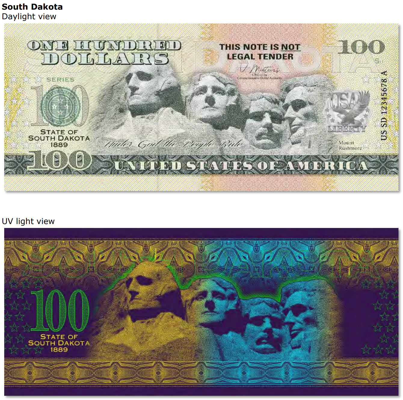 USA 100 Dollar Note | South Dakota Commemorative Souvenir | Mount Rushmore | The 50 U.S. States Edition