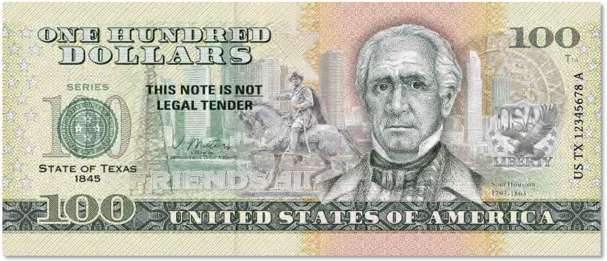 USA 100 Dollar Note | Texas Commemorative Souvenir | Sam Houston | Houston Skyline | Spindletop Oil Field | The 50 U.S. States Edition