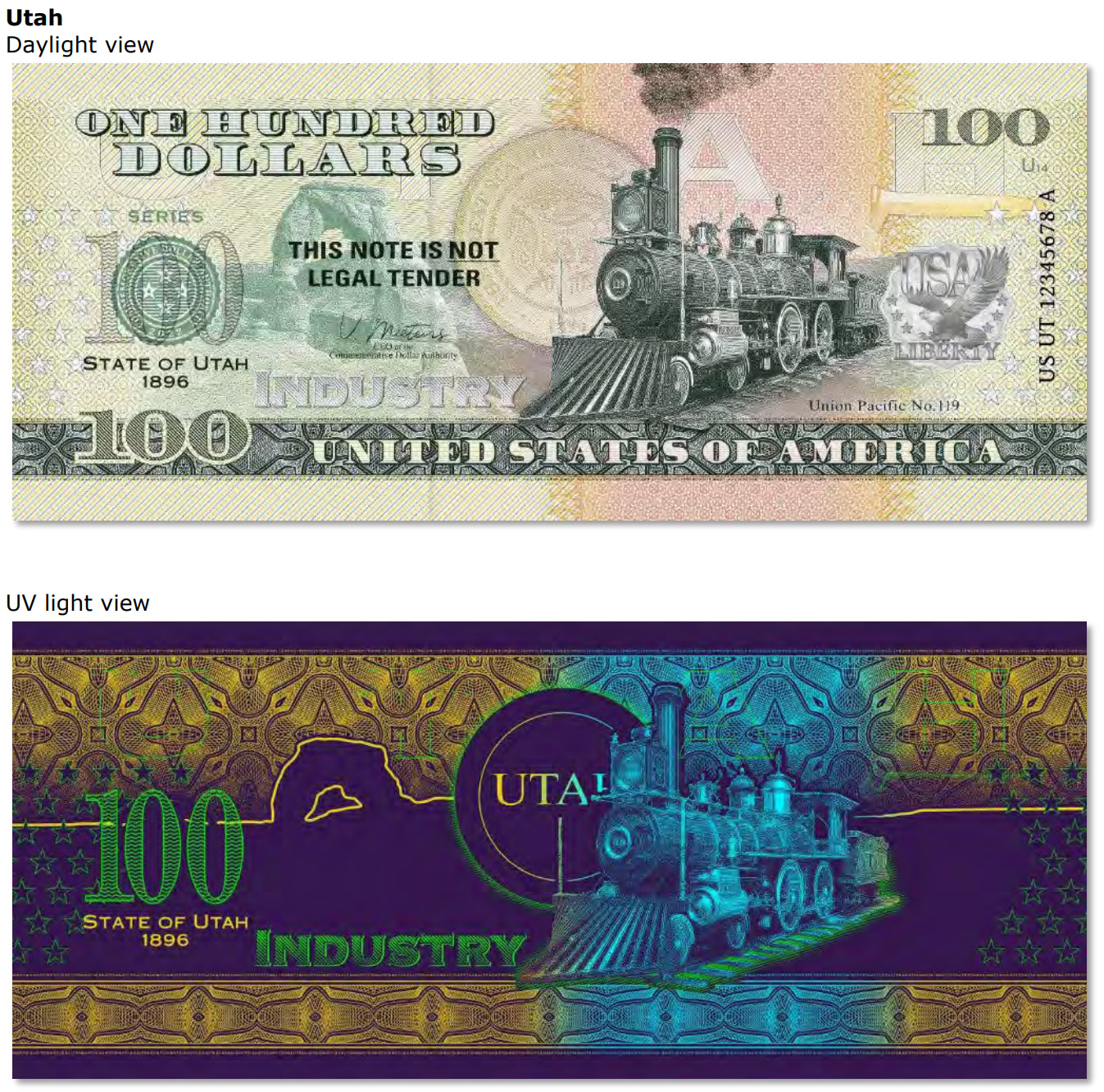 USA 100 Dollar Note | Utah Commemorative Souvenir | The Beehive State | Transcontinental Railroad | Delicate Arch | Golden Spike | The 50 U.S. States Edition