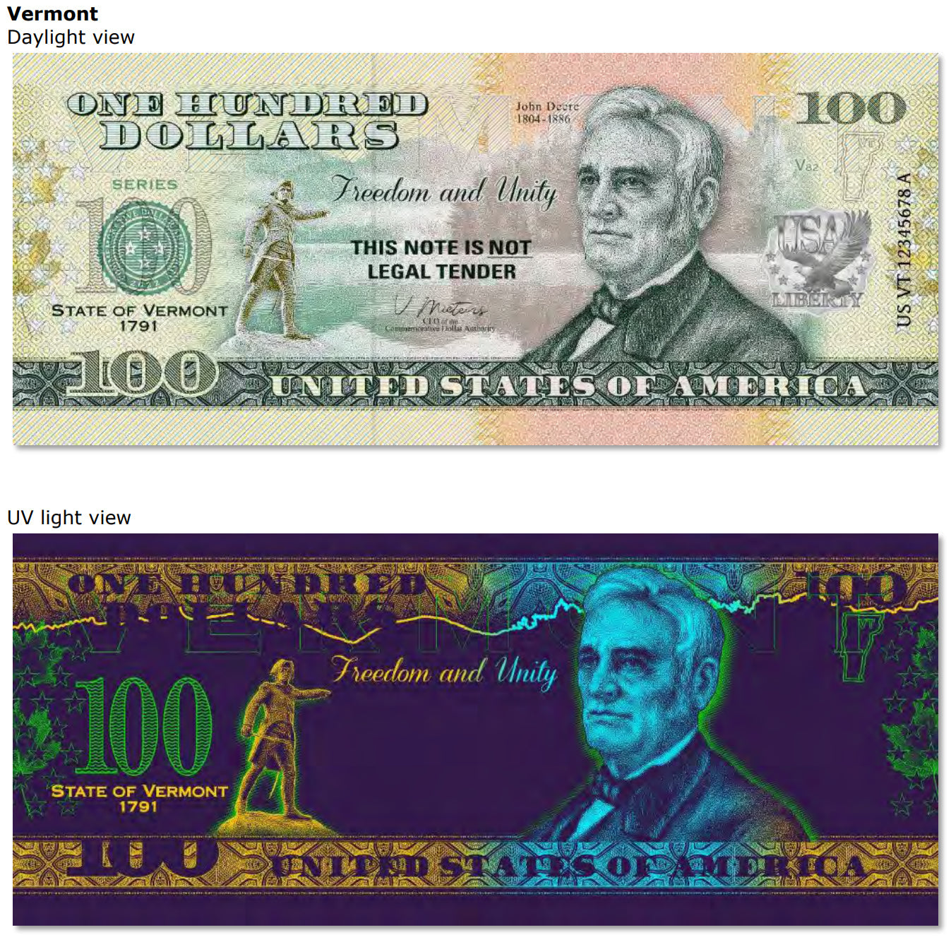 USA 100 Dollar Note | Vermont Commemorative Souvenir | John Deere | General John Stark Statue | Green Mountain National Forest | The 50 U.S. States Edition