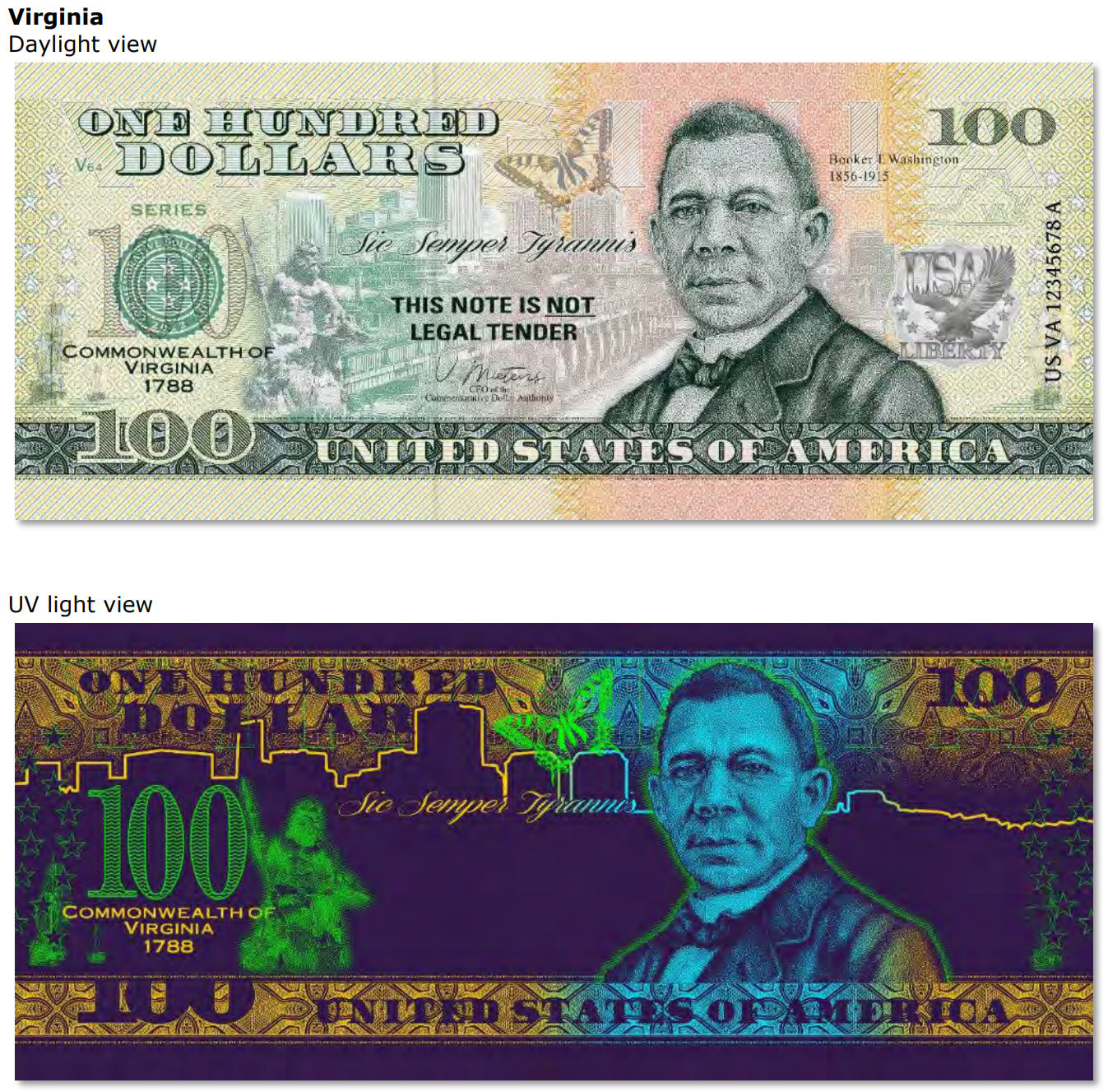 USA 100 Dollar Note | Virginia Commemorative Souvenir | Booker T. Washington | Eastern Tiger Swallowtail Butterfly | King Neptune Statue | The 50 U.S. States Edition