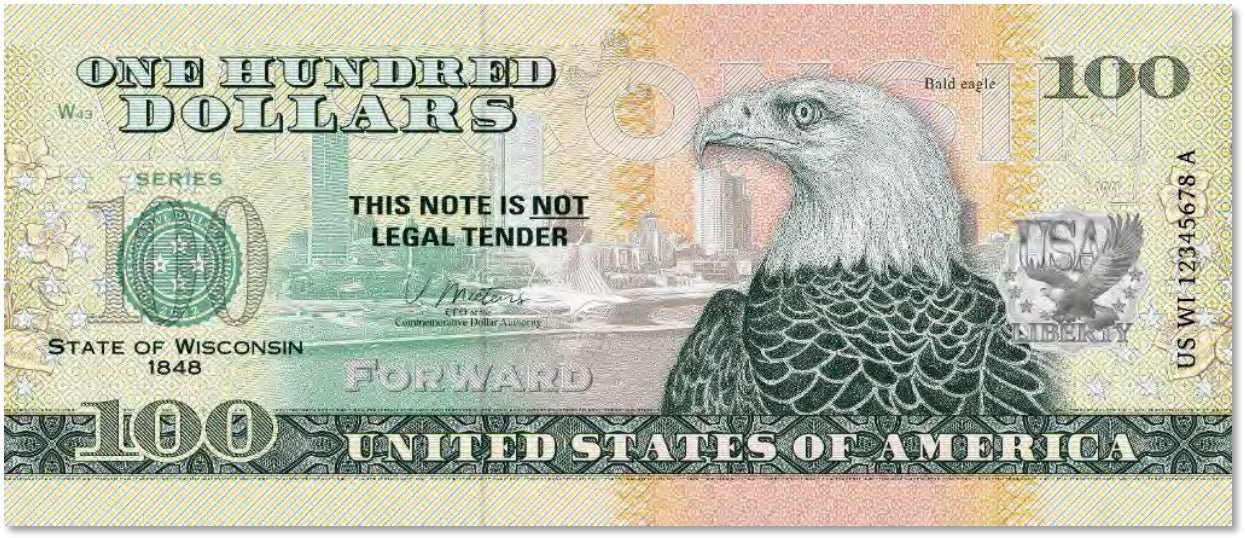 USA 100 Dollar Note | Wisconsin Commemorative Souvenir | Bald Eagle | Milwaukee Skyline | Wood Violet | The 50 U.S. States Edition