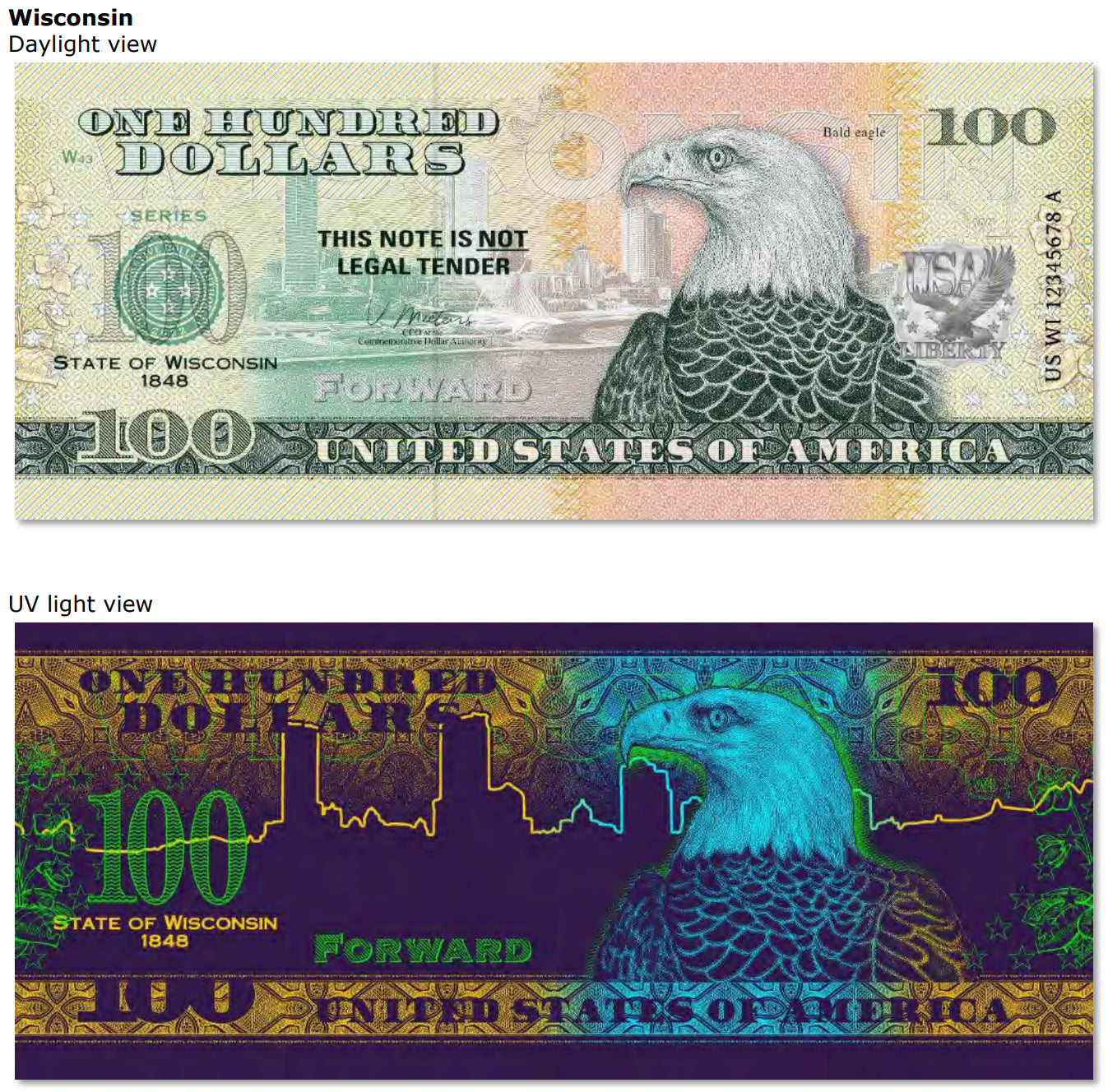 USA 100 Dollar Note | Wisconsin Commemorative Souvenir | Bald Eagle | Milwaukee Skyline | Wood Violet | The 50 U.S. States Edition