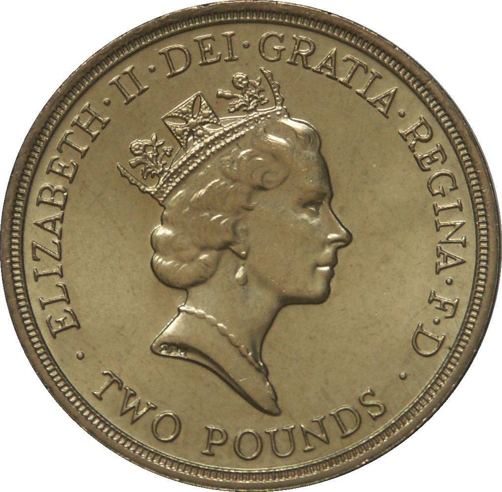 United Kingdom 2 Pounds Coin | Britain | Queen Elizabeth II 3rd portrait | Bill of Rights | 1989