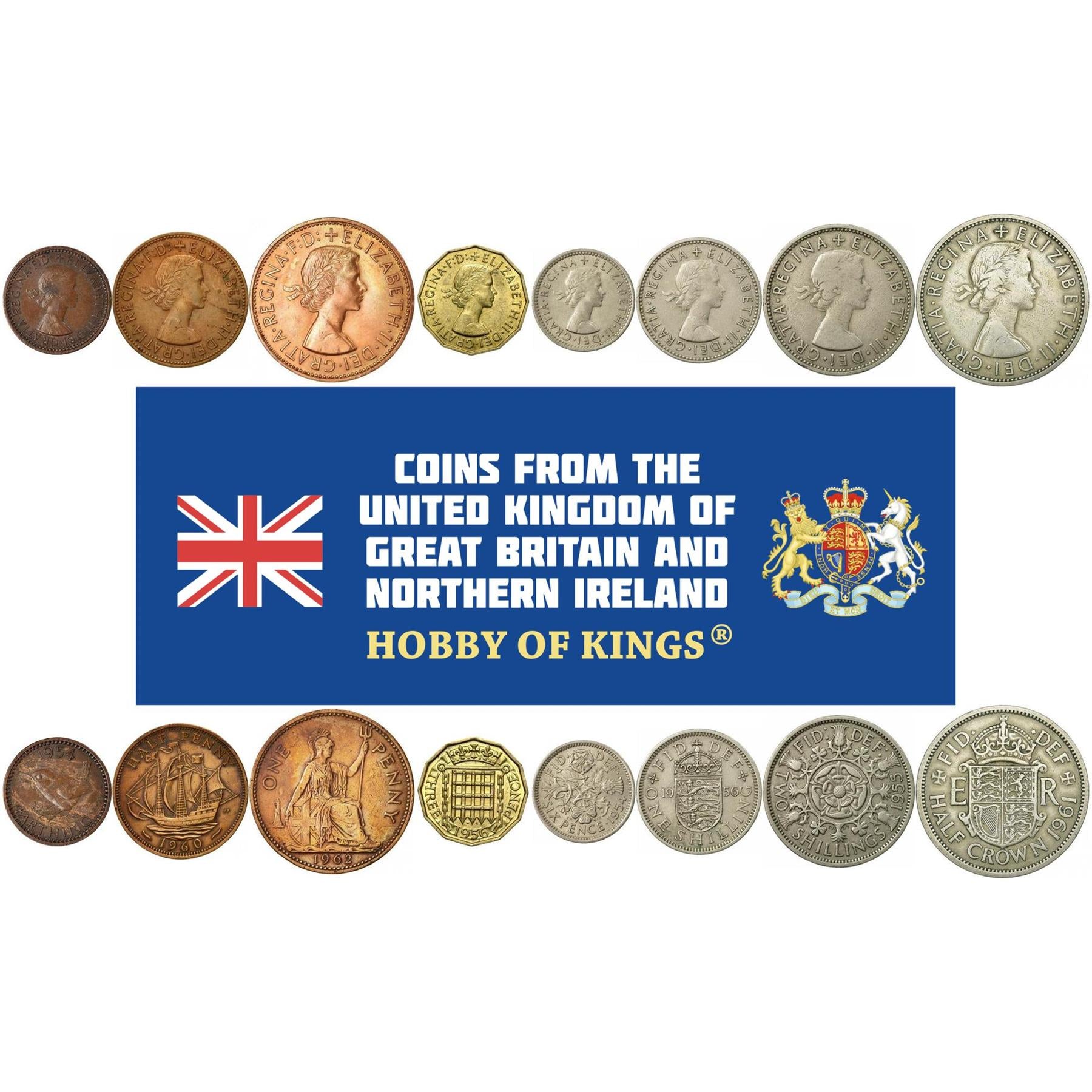 United Kingdom | 8 Coin Set | Farthing Penny Pence Shillings (Florin) 1/2 Crown | 1954 - 1961