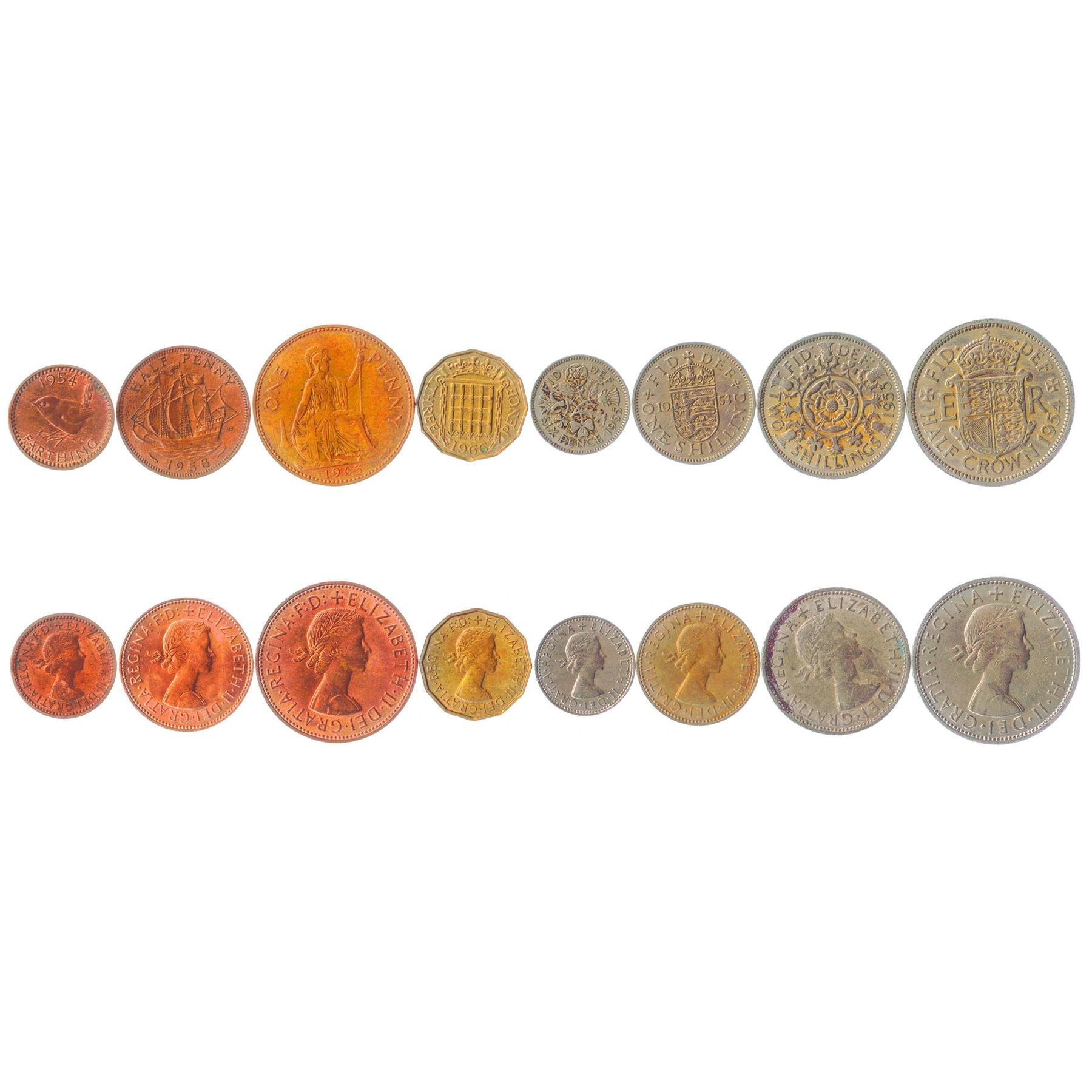 United Kingdom | 8 Coin Set | Farthing Penny Pence Shillings (Florin) 1/2 Crown | 1954 - 1961