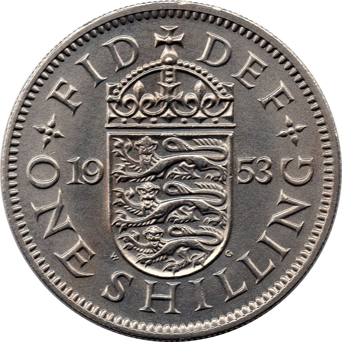 United Kingdom Coin 1 Shilling | Elizabeth II English shield | with 'BRITT:OMN' | 1953